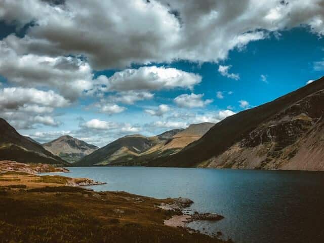 wast water lake on a blue sky cloudy day