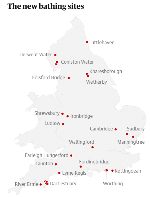 map of England with 27 new wild swimming locations 